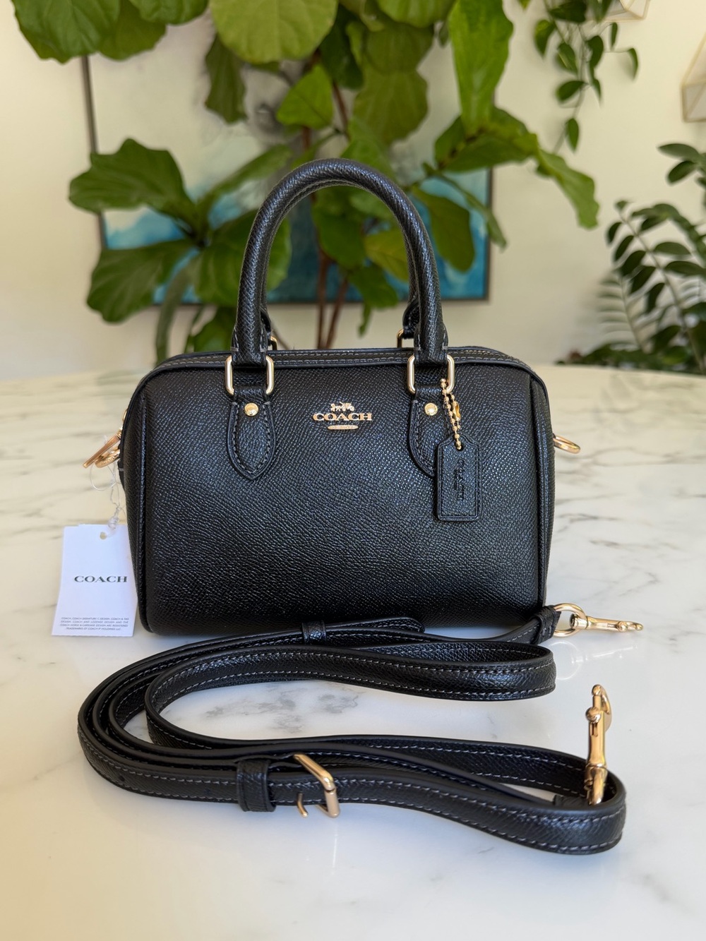 NWT Coach Mini Rowan Crossbody CH157 Black Crossgrain Leather / Gold Satchel